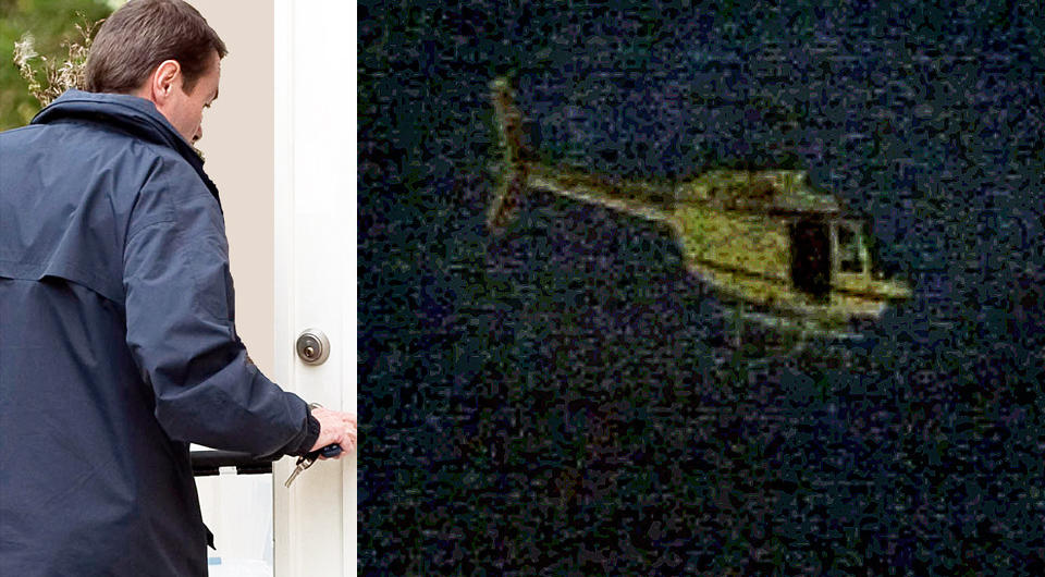RANSAKING: Politietterforskere l�ser seg inn hjemme hos 34-�ringen som mistenkes for � ha fl�yet helikopteret under ranet i V�stberga onsdag (t.h.). Foto: SUVAD MRKONJIC (ransakingen), BJ�RN LOCKSTR�M (helikopteret)/EXPRESSEN