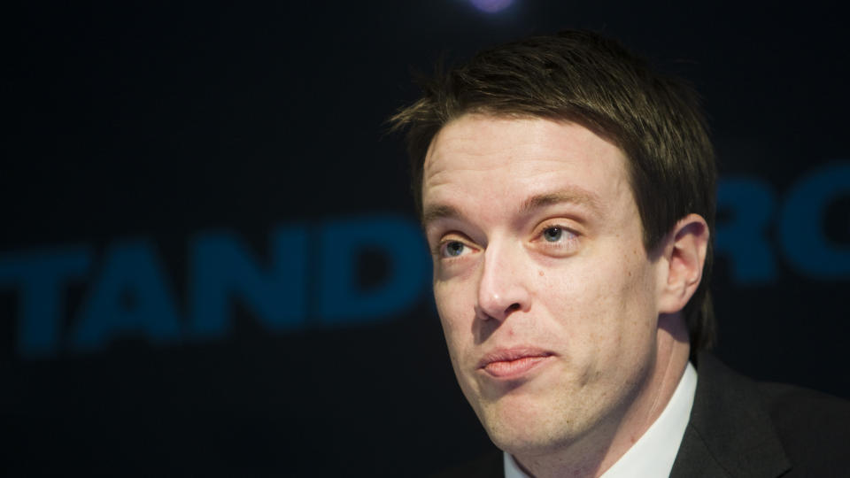 F�TT BUD: Konsernsjef Fredrik Halvorsen presenterer resultatet for fjerde  kvartal for Tandberg p� en pressekonferanse i Oslo mandag.
Foto: Cornelius Poppe/SCANPIX