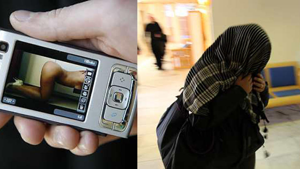 NAKENBILDE: Til venstre er nakenbildet l�rerinnen skal ha sendt til sin 16 �r gamle elev. Til h�yre er kvinnen p� vei inn i Varberg tingrett. Foto: Politiet/Per Wissing/Expressen/GT