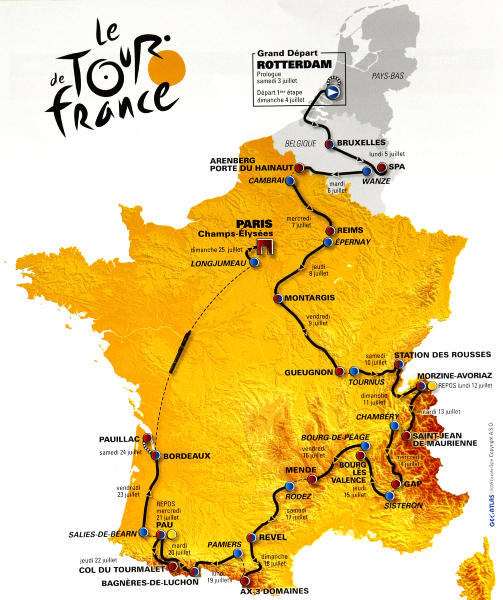 NESTE �RS TOUR DE FRANCE: Her er etappene rytterne skal gjennom neste �r, med start i Rotterdam og som vanlig m�lgang i Paris. Foto: AP