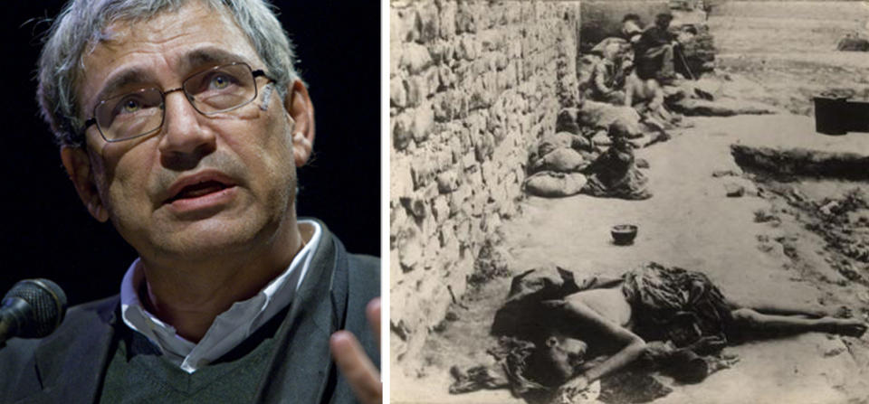 VANT NOBELPRISEN I 2006: Den tyrkiske forfatteren Orhan Pamuk er den f�rste tyrkiske forfatteren som har f�tt prisen. Han er ogs� en av f� tyrkerne som har snakket om folkemordet. Bildet til venstre er tatt av den norske misjon�ren Bodil Bi�rn som var i Anatolia under folkemordet. Hun skrev: - De hungrende og d�ende barn p� gaten i den Armenske republikk. Foto: EPA/ED OUDENAARDEN/Riksarkivet
