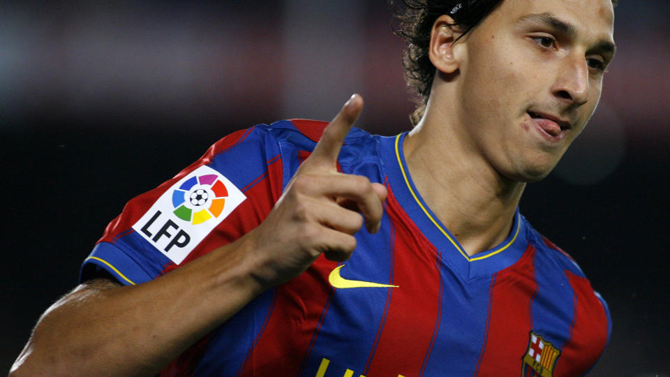 FC Barcelona's Zlatan Ibrahimovic from Sweden celebrates after scoring against Atletico de Madrid during their Spanish La Liga soccer match at the Camp Nou stadium in Barcelona, Spain, Saturday, Sept. 19, 2009. (AP Photo/David Ramos)
