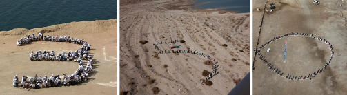 350: Dette kombinasjonsbilde viser milj�aktivister som former menneskelige tall. Tallene er tegnet opp p� kysten av D�dehavet i forholdsvis Jordan (fra venstre), Palestina og Israel. Foto: AFP PHOTO/Scanpix