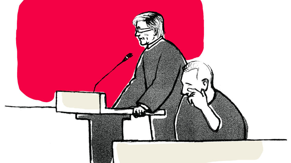 FORTELLER SIN SELVBIOGRAFI: Hele rettsdagen i Follo tingrett er satt av til � g� gjennom Erik Andersens liv. Tegning: �rjan Jensen