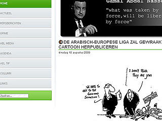 TREKKES FOR RETTEN: Denne karikaturen er publisert av Arab European League. Den viser to personer - antakelig j�der - som st�r utenfor Auschwitz:- Vi m� lande p� seks millioner p� et eller annet vis, sier den ene mannen.-  Jeg tror ikke de er j�der, sier den andre.  Faksimile: AEL