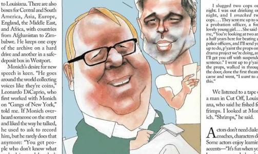 NORSK VERSJON: Brad Pitt og dialektcoach Tim Monich er sett med norske �yne i den nyeste utgaven av The New Yorker. Faksimile: The New Yorker