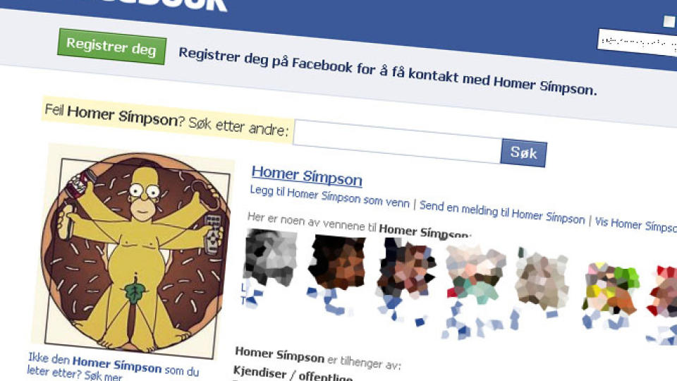 HAR MANGE VENNER: Men denne Homer Simpson-profilen eksisterer �yensynlig bare for � samle inn bilder av jenter. Skjermdump av Facebook.