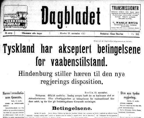 DAGBLADET 11. NOVEMBER 1918: V�penhvilen var p� hele f�rstesida av avisa, som den gang kom i fullformat. Faksimile: Dagbladet