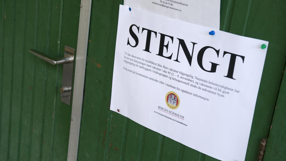 TR�BBEL: 260 000 vaksinedoser er forsinket. P� Fyllingsdalen sykehjem i bergen var det stengt i slutten av oktober fordi det var tomt for vaksine i Bergen.
Foto: Tor Erik H. Mathiesen