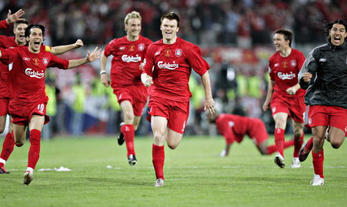 VANT FINALEN: I 2005 vant Liverpool Champions League etter � ha snudd kampen fra 0-3 til 3-3 og s� vunnet straffekonkurransen mot AC Milan. Fra venstre: Steven Gerrard, Luis Garcia,Sami Hyypia, John Arne Riise, Vladimir Smicer og Milan Baros. Foto: NORDAHL/ALEKSANDER, Dagbladet