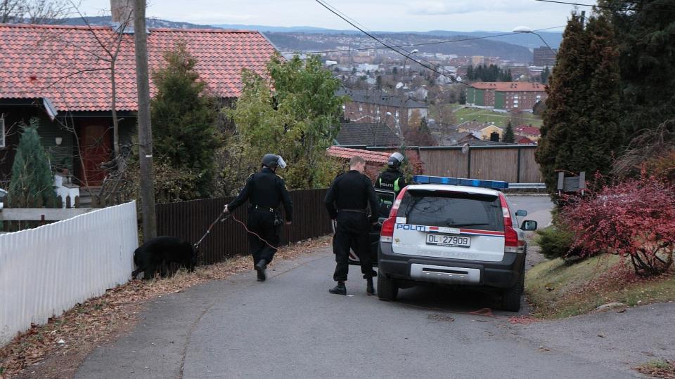 JAKTER GJERNINGSMANN: Politiet s�ker med hunder etter gjerningsmannen som var maskert og skal ha v�rt bev�pna med pistol og kniv. Det er ikke kjent om pistolen var ekte. Foto: Truls Grande/FirstFoto