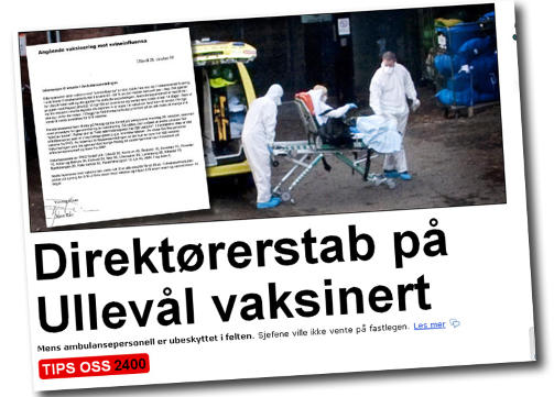 MEN IKKE AMBULANSESJ�F�RENE: P� grunn av private helseplager fikk medlemmer av direkt�rstaben ved Ullev�l universitetssykehus vaksiner. De skulle f�tt av fastlegen sin. Vaksinene var ment for ansatte i f�rstelinjetjeneste. Faksimile: Dagbladet