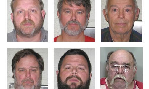 TILTALT: Fra venstre til h�yre f�rste rad: Jared Leroy Mohler, 48, David A. Mohler, Burrell Edward Mohler Sr., 77,, og fra venstre til h�yre andre rad; Burrell Edward Mohler Jr., 53, Roland Neil Mohler, 47 og Darrel Wayne Mohler. Alle er tiltalt for grove seksualforbrytelser. (AP Photo/Lafayette County Sheriff's Dept./Marion County Sheriff's Dept.)