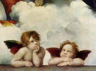 RAFAELS ENGLER: Disse englene malte Rafael i 1513 - 1524. De er senere blitt en inspirasjon for kristne engler, julepynt og postkort. Englene finnes nederst på Rafaels maleri Sistine Madonna. Foto: WIKIMEDIA RAFAELS ENGLER: Disse englene malte Rafael i 1513 - 1524. De er senere blitt en inspirasjon for kristne engler, julepynt og postkort. Englene finnes nederst på Rafaels maleri Sistine Madonna. Foto: WIKIMEDIA