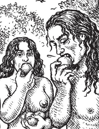 ADAM SPISER OGS� AV EPLENE: Men det b�rer galt av sted. De �pner �ynene og finner ut at de er nakne! Tegning: R. Crumb/Verdens skabelse/Carlsen