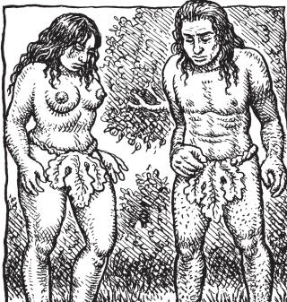 DERMED F�R DE KL�R: Adam og Eva syr sammen fikenblader og binder dem om livet. Men det er ikke det verste. Snart blir de jaget ut av Eden av Gud fordi de syndet. Tegning: R. Crumb/Verdens skabelse/Carlsen