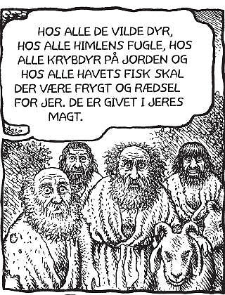 GUD SNAKKER TIL NOAH OG S�NNENE: Den eneste familien som overlevde Guds massemord f�r beskjed om verdens tilstand. Gud p�legger dem � aldri spise kj�tt med blod i. Tegning: R. Crumb/Verdens skabelse/Carlsen