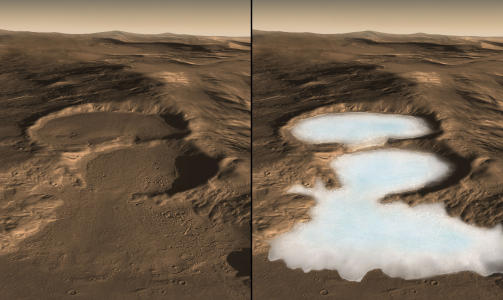 EN GANG FULL AV VANN: Denne grafikken til NASA viser tre krater i den �stlige delen av Mars. Her har man funnet det man tror er tildekkede isbreer med radar. Mange tror opptil �n tredjedel av planeten var dekket av hav for neste fire milliarder �r siden. Foto: AFP/NASA/JPL-CALTECH
