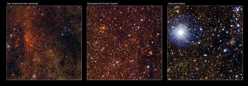 MELKEVEIENS SENTRUM: Tre utsnitt fra vidvinkelbildet ovenfor. Foto: ESO