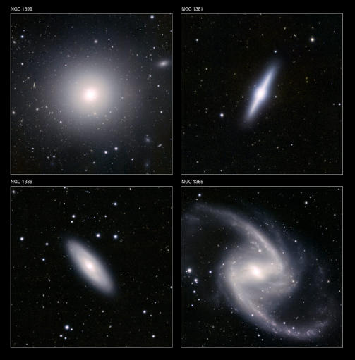 N�rbilder av noen av galaksene i vidvinkelbildet ovenfor. Foto: ESO