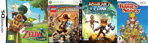 For den ungdommelige:
�The Legend of Zelda: Spirit Tracks�For: Nintendo DSOppf�lgeren til �Phantom Hourglass� byr p� like omfattende, underholdende og tankevekkende moro. Denne gangen er kroppen til prinsesse Zelda kidnappet, men du har heldigvis med deg sjelen hennes som f�lgesvenn, der du p�nsker deg gjennom underjordiske grotter og kj�rer tog gjennom magiske landskap. �rets beste til DS.�Lego Indiana Jones 2: The Adventure Continues�For: PS3, Xbox 360, Wii, PCFor andre gang er den eventyrlige arkeologen Indiana Jones tilbake i Lego-form i et spill, som denne gangen tar for seg alle fire filmene som er laget gjennom �rene. Enten du spiller alene eller sammen med en venn er det nok � ta seg til i de morsomme brettene &mdash; spesielt hvis det � samle p� skjulte skatter er midt i blinken.�Ratchet & Clank: A Crack in Time�For: PS3Stadig nye planter � bes�ke, stadig flere v�pen � bruke &mdash; og de samme, tilsynelatende ustoppelige skurkene som p� tas knekken p�. Det er f� skytespill som passer s� godt for hele familien som �Ratchet & Clank�-spillene, takket v�re et fantasifullt arsenal fylt med tullev�pen du ikke finner maken til i andre spill.�Little King's Story�For: WiiDenne underdogen har dukket opp p� en rekke lister over �rets spill 2009, ikke uten grunn. Her spiller du en liten gutt som roter seg bort i skogen. Der finner han en krone, som br�tt gj�r ham til overhode for et lite konged�mme. En overraskende dyp og underholdende strategiopplevelse, proppfull av humor og utfordringer.Andre sikre kort: �A Boy and his Blob�, �Mario & Luigi: Bowser's Inside Story�, �Rabbids Go Home�, �Muramasa: The Demon Blade�, �Professor Layton and Pandora's Box�, �Overlord II�