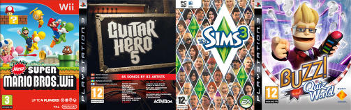 For hele familien:
�New Super Mario Bros. Wii�For: WiiAlle elsker Mario, og n� som han dukker i god, gammel todimensjonal form, er spillet ogs� lettere tilgjengelig for selv de som ikke har spilt spill siden det f�rste Mario-spillet dukket opp i sin tid. Selv om formelen kan virke gammel, er det mye nytt her &mdash; spesielt det at opptil fire kan spille sammen p� samme skjerm. Mye kaos, og enda mer moro.�Guitar Hero 5�For: PS3, Xbox 360, WiiGitarspilling p� tv-skjermen kan vel sies � ha blitt en ny folkesport her til lands, og n�r ogs� tromming og synging ble introdusert i �Guitar Hero�-spillene ble det mulig for alle � hive seg med. �Guitar Hero 5� er det beste spillet hittil i serien, og her kan du lage ditt helt eget bandoppsett avhengig av hvilke instrumenter du har liggende.�The Sims 3�For: PCEtter mange millioner solgte spill holder fortsatt �The Sims� stand som en evigunderholdende tidtr�yte som passer for overraskende mange. Denne gangen er ikke simmene �fanget� i husene sine, men kan bevege seg rundt i en hel by der det hele tiden skjer ting. Spillet er godt oversatt til norsk, og utvides stadig gjennom nye tilleggspakker.�Buzz: Quiz World�For: PS3En av de spillseriene som er lettest � dra fram i hyggelig lag, selv der hvor alle ikke er vant til � spille dataspill, er �Buzz�. Her sitter hver spiller med en fysisk buzzer i h�nda, og m� svare p� sp�rsm�l som dukker opp p� skjermen. Velkjent aff�re for mange, men stadig friskt. Nytt denne gang er at du blant annet kan lage egne spillerprofiler.Andre sikre kort: �Rock Band: Beatles�, �DJ Hero�, �The Sims 3: Reisefeber�, �Boom Blox Bash Party�, �SingStar: Motown�