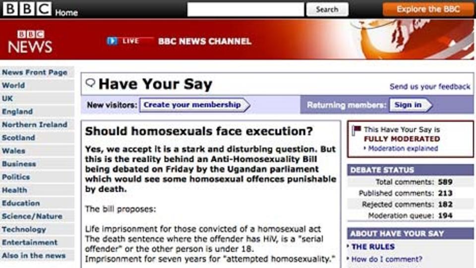 OMSTRIDT: BBC spurte leserne om homoseksuelle burde henrettes. Foto: Skjermdump