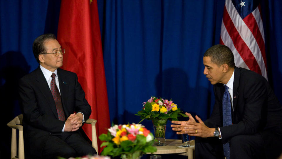 I M�TE: President Obama og Kinas statsminister Wen m�tes for siste gang i K�benhavn klokken 19 fredag kveld.    AFP PHOTO