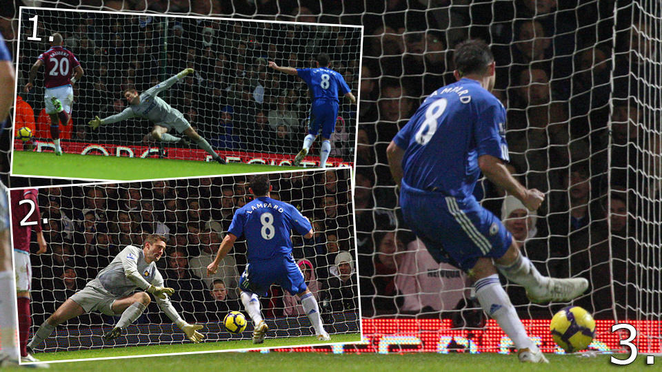 IKKE DEN, IKKE DEN, MEN DEN, JA! Frank Lampard m�tte ta tre straffer f�r dommer Mike Dean var forn�yd. Han var sikkerheten selv samtlige ganger, og dermed berget han poeng for Chelsea. Foto: Tom Hevezi, AP/Scanpix