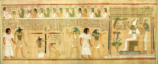 DOMMEDAG: If�lge den egyptiske myten om Osiris kunne folk som levde p� riktig vis komme inn i Osiris konged�mme og f� evig liv. Her er det den d�de mannen Hunefer som pr�ver � komme inn. Osiris til venstre med gr�nt ansikt. �verst Egypts 14 guder, som fungerte som dommere. Den som ikke klarer testen m�tte gjennom en forferdelig straff. Hunefer klarte seg. Foto: WIKIMEDIA