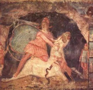 MITHRAS: Denne kulten ble popul�r i Romerriket fra rundt �r 0 til 300-tallet e.Kr. Lite er imidlertid bevart fra denne mysteriereligionen, som er en kult medlemmene m�tte bli innvidd i. Fresken er fra en mithr�um i Italia (tredje �rhundre) og viser den hellige slaktingen av oksen. Foto: WIKIMEDIA