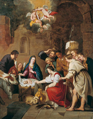 REKVISITTENE KOM TIL ETTER HVERT: Dagens juleevangelium er blitt en historie ganske langt fra Bibelens ulike fortellinger. P� dette maleriet av en ukjent kunstner fra 1800-tallet er vi i en stall med en stor tilskuerskarer, okser og lam.  Foto: WIKIMEDIA