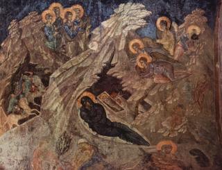 F�DT I EN HULE: I tidlig kristen ikonografi var det vanligste � fremstille Jesu f�dsel i en hule. Stallen kom til senere. Denne greske fresken av Jesu f�dsel er fra 1300-tallet. Foto: WIKIMEDIA