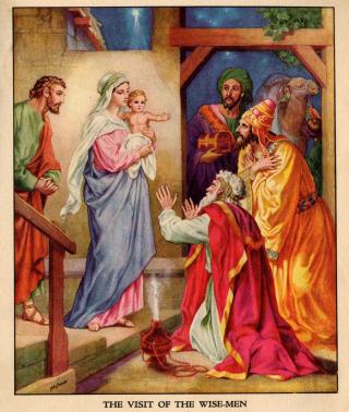EN GUDES�NN F�DT AV EN JOMFRU: Her bes�ker de tre vise menn Jesus og Maria. Josef, som gav Jesus den riktige �ttetilknytningen, i bakgrunnen. Foto: WIKIMEDIA