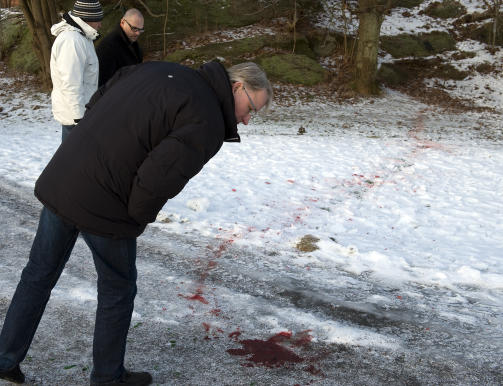 BRUTALT: Blodsporene p� �stedet vitnet om den gruoppvekkende hendelsen p� gangveien. Foto: SCANPIX