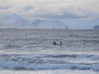 SURFING P� ALNES: Her gj�r to kamerater fra Alnes et fors�k p� � surfe p� nytt�rsaften.