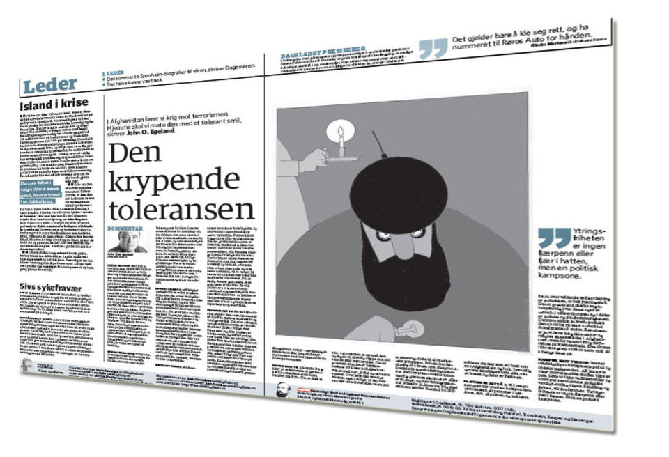 - ET NESTEN UVIRKELIG SIGNAL SENDES UT: Skriver John O. Egeland i sin kommentar i Dagbladet i dag. - Ytringsfriheten er en s� umistelig verdi at den ikke skal brukes. I hvert fall ikke hvis ytringen forn�rmer noen og setter oss selv i fare, skriver Egeland. Dagbladets tegner Finn Graff har illustrert kommentaren. Faksimile: Dagens Dagbladet