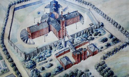 Hypermoderne: Oslo Botsfengsel, med sine tre fl�yer, sto ferdig i 1861. Fangene skulle g� opp den
lange alleen, inn den middelalderinspirerte fasaden, gjennom en lang m�rk tunnel, inn i et portrom
med siste glimt av himmel, f�r de ble sluppet inn i det moderne fengselet. I total isolasjon. Legg
merke til lufteg�rdene i endene av hver fl�y.