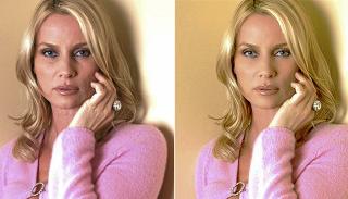 F�R OG ETTER: Nicollette Sheridan ser yngre og freshere ut p� det retusjerte bildet til h�yre. Det til venstre er det originale. Printscreen: iWanex Studio