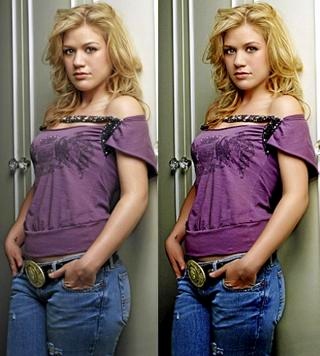 F�R OG ETTER: Kelly Clarkson har blitt smalere i ansiktet, samt f�tt tynnere l�r p� bidlet til h�yre. Printscreen: iWanex Studio