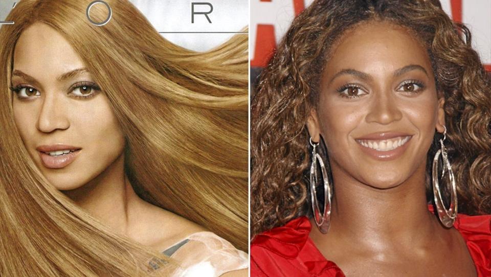 RETSJERT LYSERE?: Til venstre ser du Beyonc� i L'Or�al reklamen, til h�yre et bilde av henne fra MTV MUsic Award. Foto: Stells