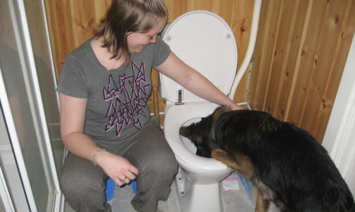 HER FANT DE ROTTA: Jeanette Lille�s (26) innr�mmer at hun fikk panikk da hun s� rotta. Her sammen med hunden Akita (2) som f�rst oppdaget skadedyret i do. Foto: Privat