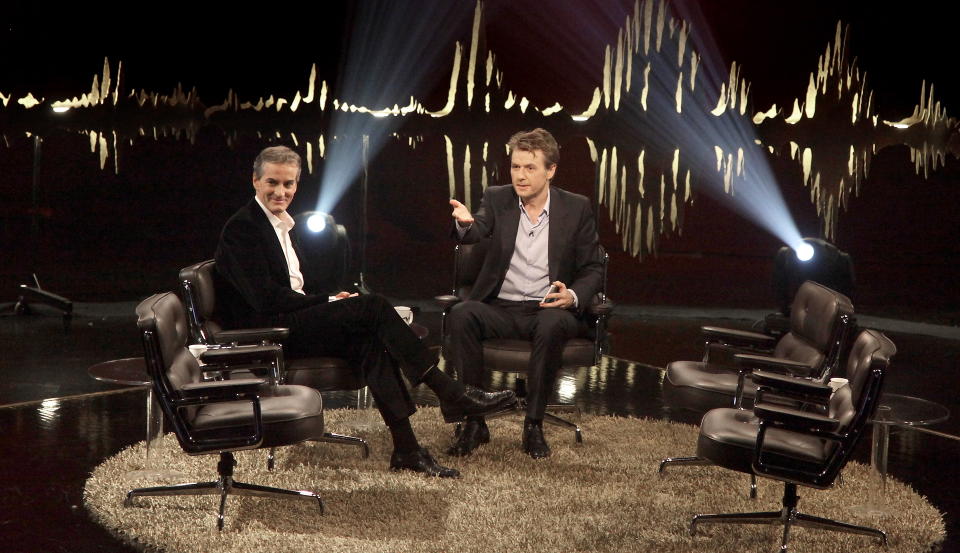 GJEST: Jonas Gahr St�re og Fredrik Skavlan snakket om utenriksministerens vern om eget privatliv under torsdagens opptak p� Marienlyst.