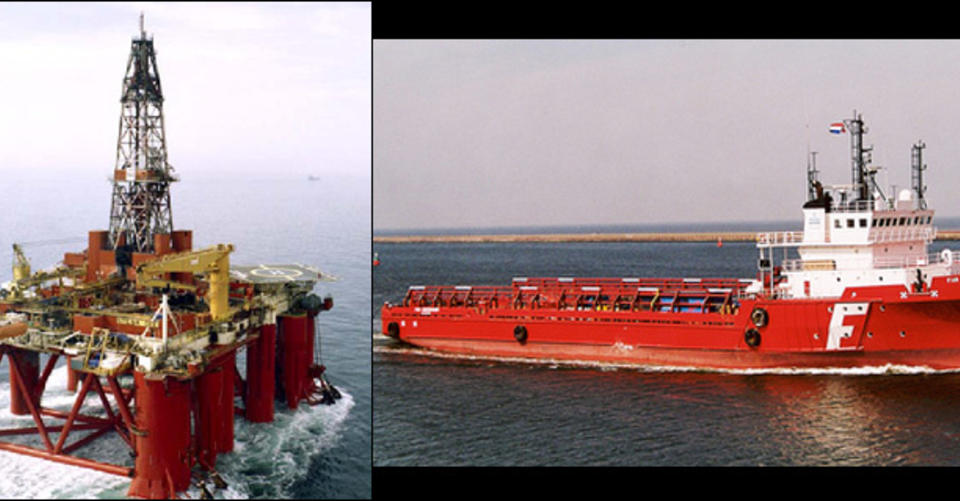  DRAMATIKK I NORDSJ�EN:  Supplyskipet Far Grimshader dunket ukontrollert mot boreriggen Songa Dee i n�rmere en time f�r midnatt. I natt er situasjonen under kontroll uten personskader eller oljelekkasjer. Foto: Marathon Petroleum/Farstad Shipping.