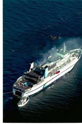  KATASTROFESKIPET:  �Scandinavian Star� ble rammet av brann i Skagerrak den 7. april 1990. 159 personer omkom i brannen.