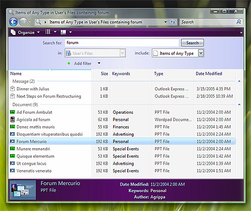 S�KERESULTAT: S�k er h�yt prioritert i Windows Vista. Alle programvinduer f�r et s�kefelt �verst til h�yre.
