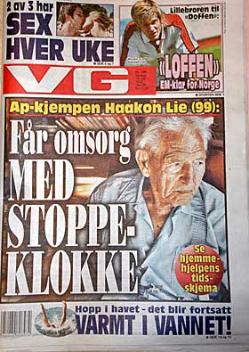 VG 14. JULI I �R:  H�kon Lie preger forsida fordi han f�r omsorg med stoppeklokke.
