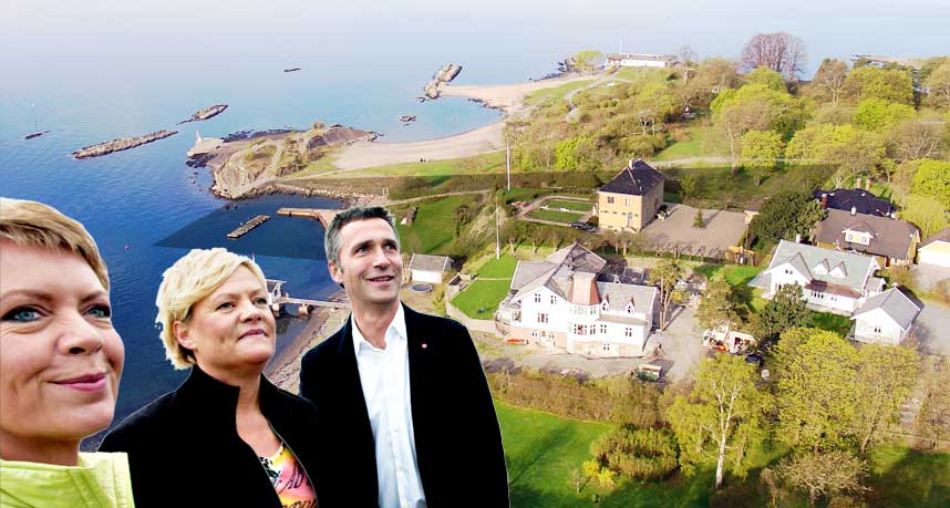 VARSLER NY POLITIKK: Vi er enige om at fellesskapets midler skal sikre folk bedre tilgang til strand og vann, sier Jens Stoltenberg (Ap) ,Kristin Halvorsen (SV) og �slaug Haga (Sp). De tre partilederene har lyst til � gj�re flere eiendomskj�p i tida framover. Skyggelagt felt viser folkets nye strandeiendom.