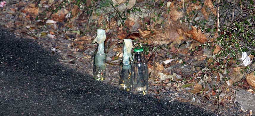 MOLOTOV-COCKTAILS: Politiet fant flere brannbomber langs fluktruten til de mistenkte terroristene, som enn� ikke er tatt.