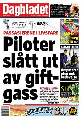 FLYFARE: Allerede 6. april 2003 avsl�rte Dagbladet at giftige organofosfater i oljer kan forgifte flygende personell og passasjerer.